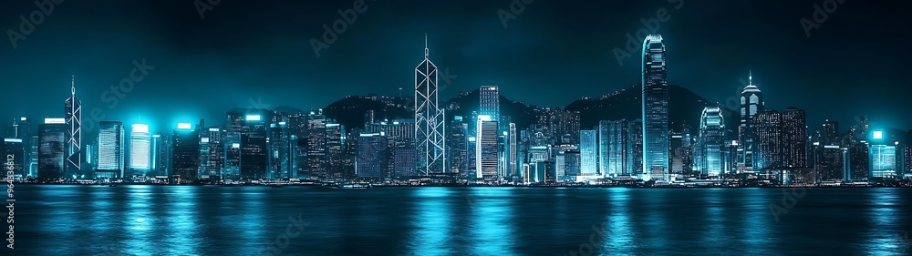 Cinematic Cyan-Toned Hyper-Realistic Hong Kong Skyline at Night with Vibrant Hues Cinematic Cyan-Toned Hyper-Realistic Hong Kong Skyline at Night with Vibrant Hues