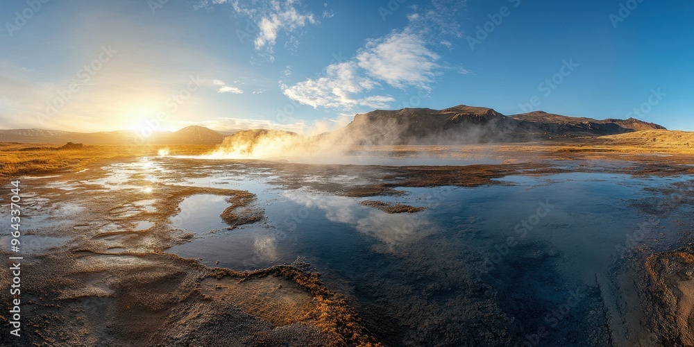 Fototapeta premium A breathtaking landscape at sunrise featuring steaming geothermal waters and dramatic mountains in a serene natural setting.