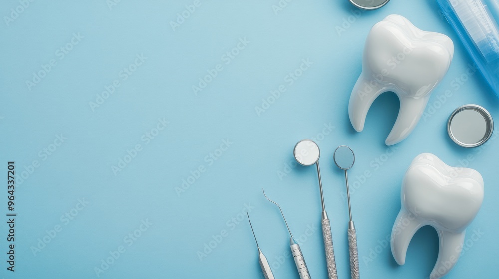 Tooth and Dental Instruments on Blue Background with Space for Text Tooth and Dental Instruments on Blue Background with Space for Text