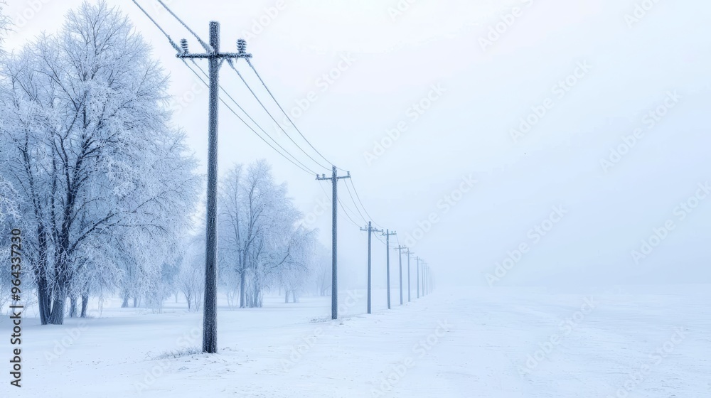 Ice storm covering trees and power lines with a layer of ice, freezing weather, dangerous beauty Ice storm covering trees and power lines with a layer of ice, freezing weather, dangerous beauty