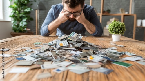 Man sweating over a mountain of credit card debt photo