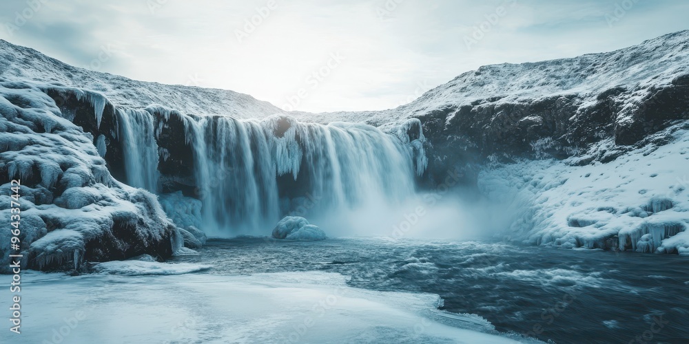 A breathtaking winter scene featuring a majestic waterfall surrounded by icy cliffs and a serene atmosphere. A breathtaking winter scene featuring a majestic waterfall surrounded by icy cliffs and a serene atmosphere.