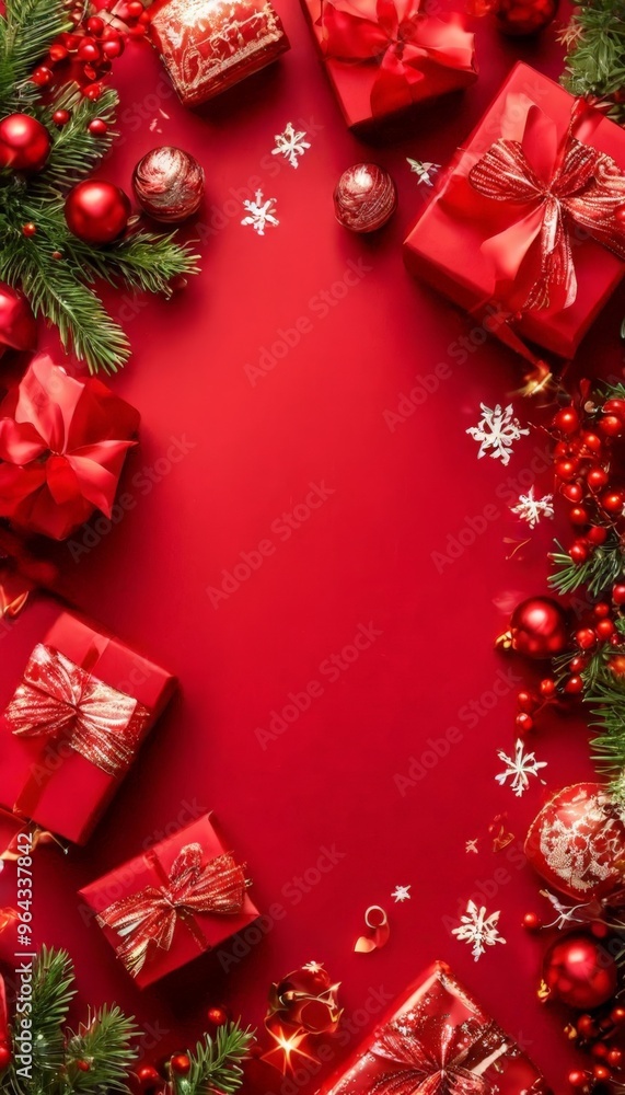 A festive Christmas scene with red gift boxes, ornaments, and greenery arranged in a symmetrical pattern against a solid red background.