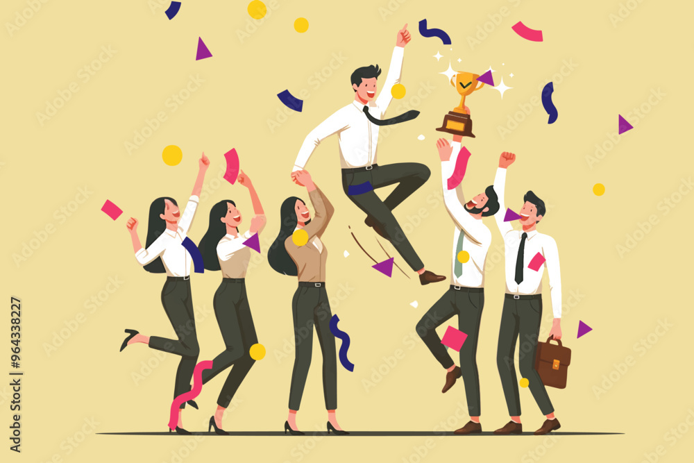 Illustration of a leader jumping happily with his team celebrating success and being rewarded for success Illustration of a leader jumping happily with his team celebrating success and being rewarded for success