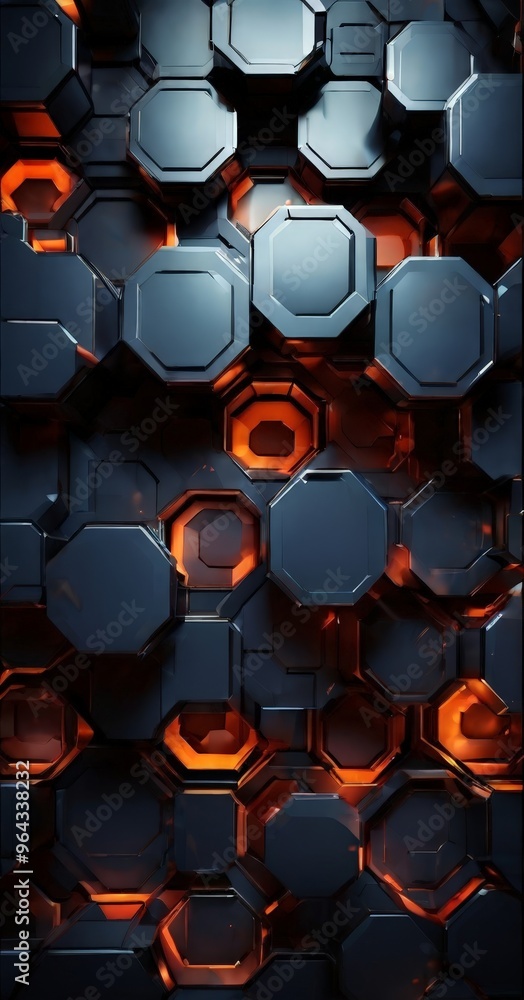 Obraz premium hexagonal pattern composed of black and orange hexagons, with some illuminated by a warm orange glow.
