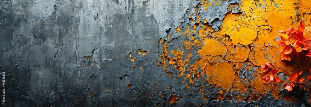 Obraz premium a textured wall with a mix of gray and orange paint, with a few orange flowers peeking out from the cracks.