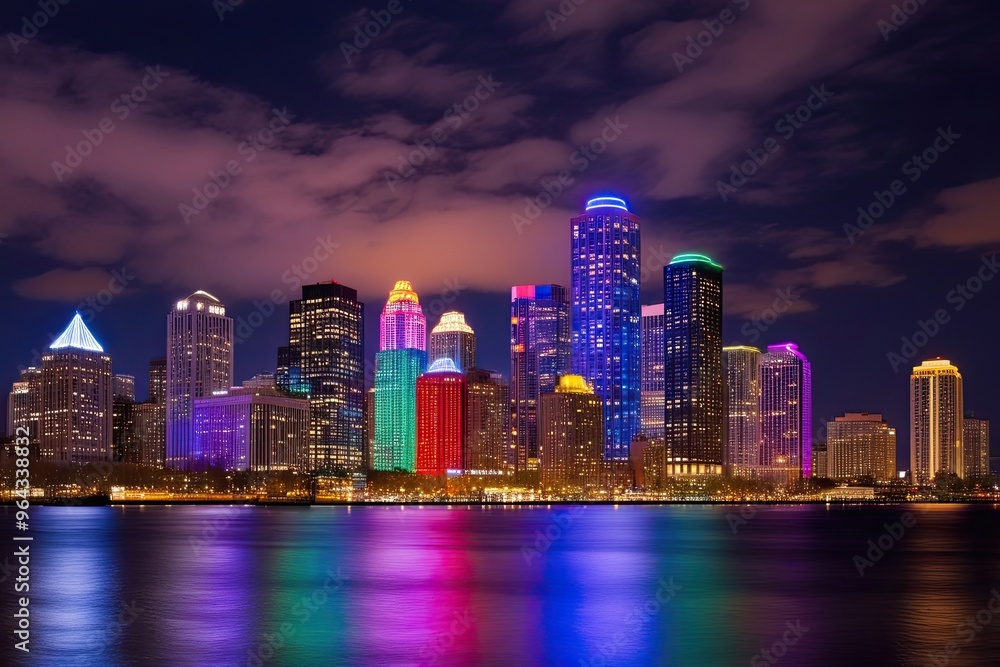 Enchanted Urban Skyline with Colorful Lights and Vibrant Glow Enchanted Urban Skyline with Colorful Lights and Vibrant Glow