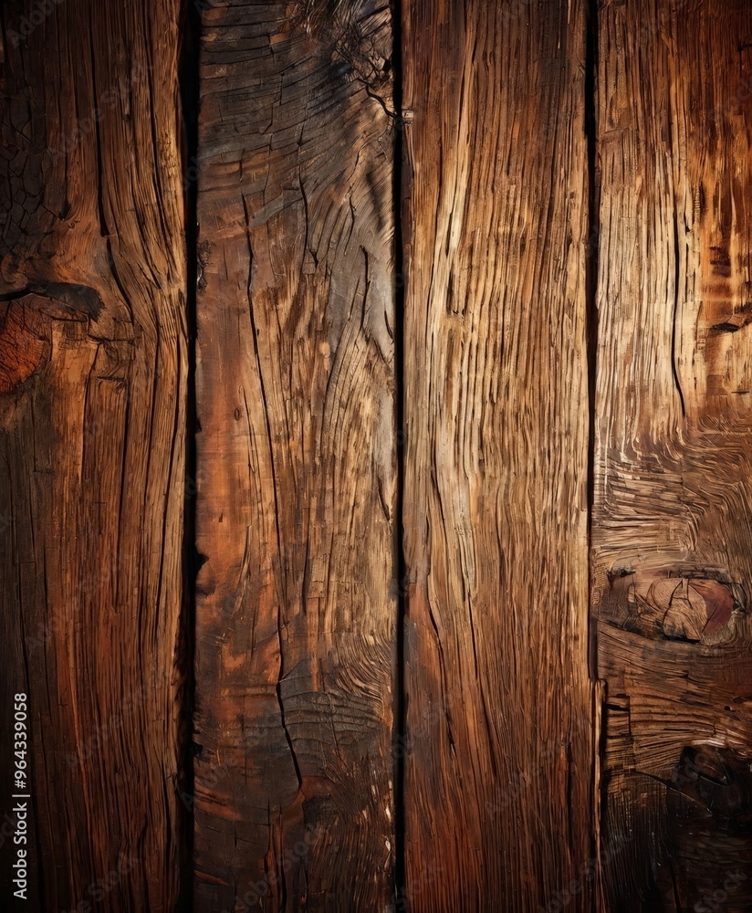 a close-up view of a weathered wooden surface, with visible cracks, knots, and a rich, dark brown color. a close-up view of a weathered wooden surface, with visible cracks, knots, and a rich, dark brown color.