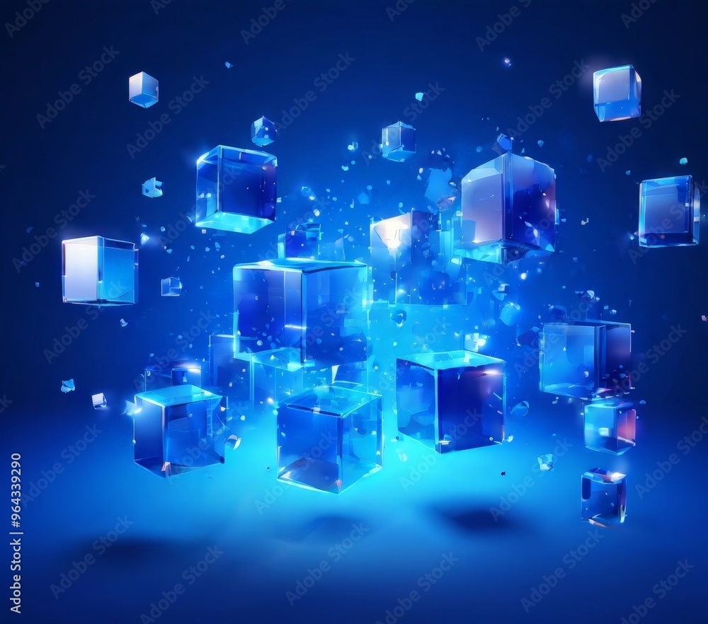 collection of transparent cubes in various shades of blue, floating against a dark blue background. The cubes are scattered randomly, creating a sense of depth and dimensionality. collection of transparent cubes in various shades of blue, floating against a dark blue background. The cubes are scattered randomly, creating a sense of depth and dimensionality.