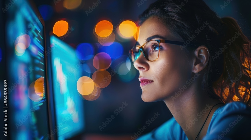 Female professional working late at a laptop, focusing on coding, strategy, and internet analytics in a dimly lit office environment Female professional working late at a laptop, focusing on coding, strategy, and internet analytics in a dimly lit office environment