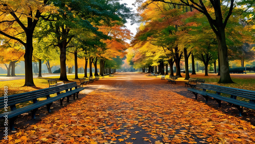 Beautiful Autumn Park with Trees adorned with Golden Leaves photo