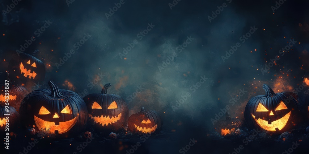 A haunting Halloween scene featuring glowing jack-o'-lanterns amidst a misty background, perfect for spooky seasonal themes. A haunting Halloween scene featuring glowing jack-o'-lanterns amidst a misty background, perfect for spooky seasonal themes.
