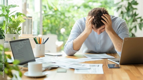 Person with head in hands beside debt bills photo