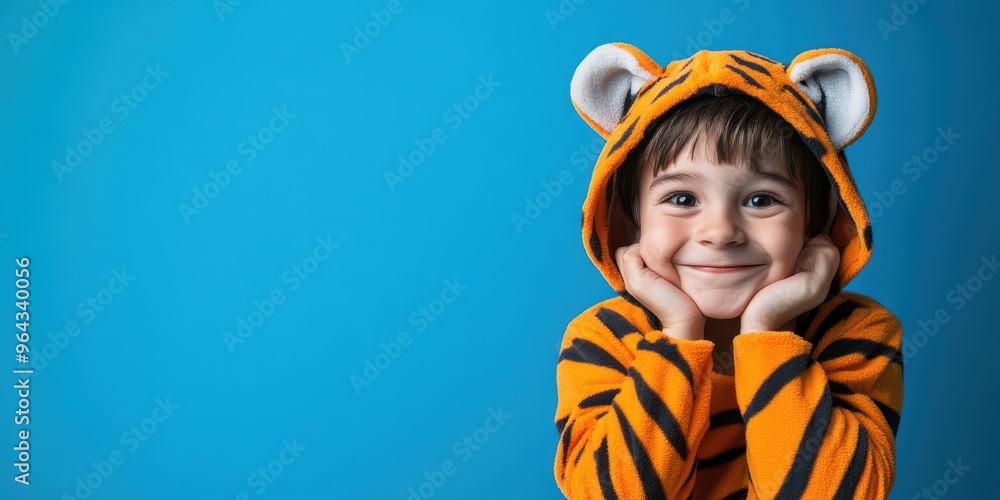 A joyful child in a tiger costume, smiling brightly against a blue background, perfect for playful themes and children's photography. A joyful child in a tiger costume, smiling brightly against a blue background, perfect for playful themes and children's photography.