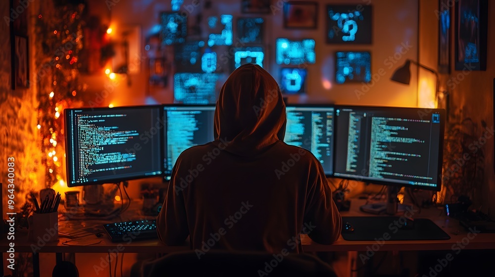 Hacker working in a dimly lit room with a hooded figure in front of several glowing monitors, displaying encrypted codes and security breaches. Hacker working in a dimly lit room with a hooded figure in front of several glowing monitors, displaying encrypted codes and security breaches.