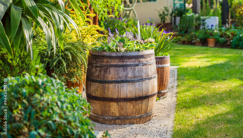 custom made wallpaper toronto digitalBeautiful green garden with wooden barrel planters and variety of plants. Landscape design.
