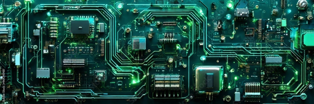 a detailed view of a computer circuit board, with various electronic components and traces of green and blue lights. a detailed view of a computer circuit board, with various electronic components and traces of green and blue lights.