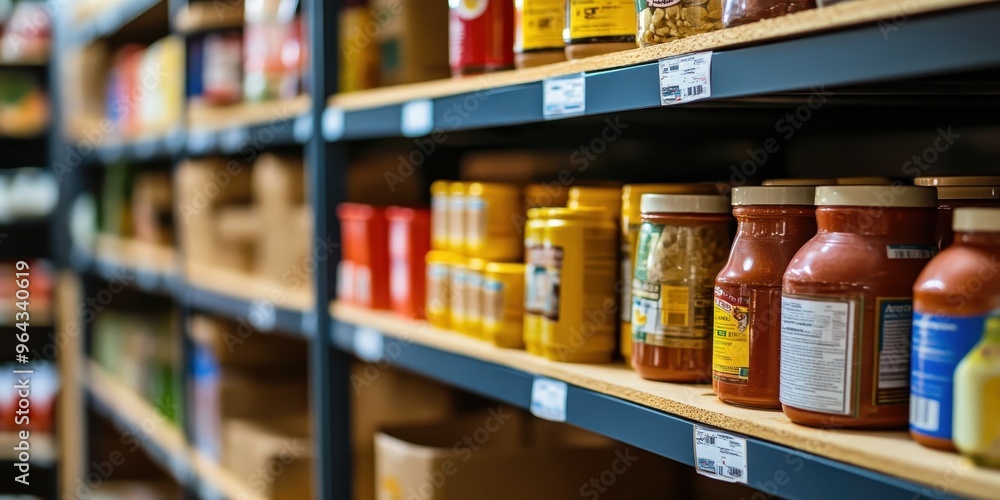 A neatly organized shelf displaying various jars and containers filled with colorful condiments and sauces. A neatly organized shelf displaying various jars and containers filled with colorful condiments and sauces.
