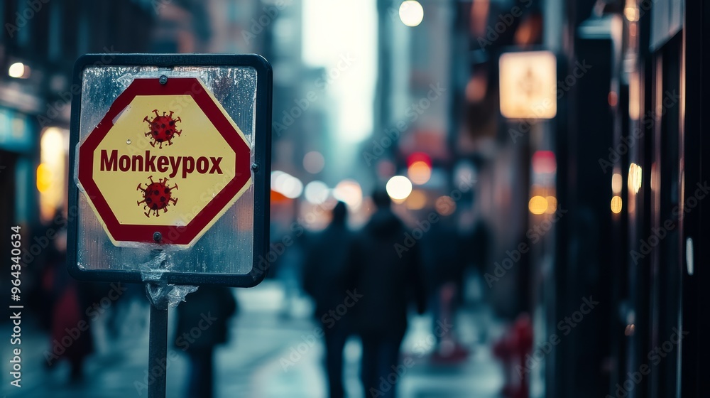 Sign warning of monkeypox outbreak in urban environment. Focus on public health and viral containment. Sign warning of monkeypox outbreak in urban environment. Focus on public health and viral containment.