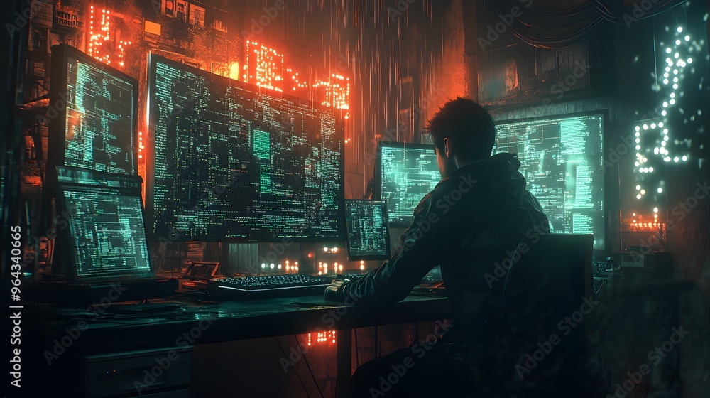 A hacker infiltrating a system, with glowing monitors and keyboards illuminated by data streams and encrypted security codes. A hacker infiltrating a system, with glowing monitors and keyboards illuminated by data streams and encrypted security codes.