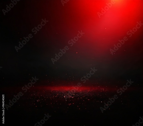 a dramatic scene with a dark background, a red glow at the top right, and a scattering of small red particles or specks in the bottom right corner.