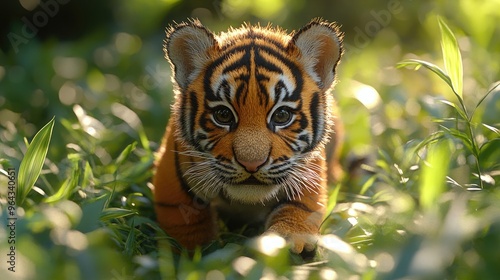 Cute Tiger Cub Playing in Tall Grass with Soft Lighting Ideal for Wildlife Conservation and Nature Themes
