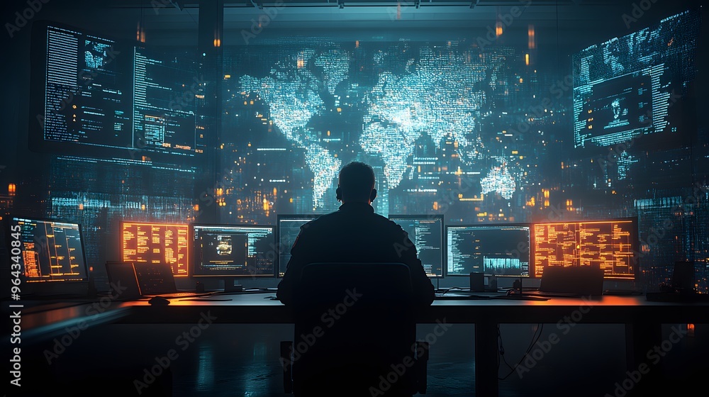 Obraz premium Cybersecurity experts in a high tech room, monitoring a hacker activity on a digital network with glowing maps and breach alerts.