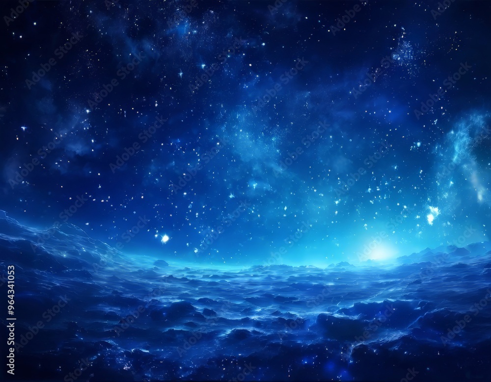 a serene night sky filled with twinkling stars, a glowing horizon, and a vast expanse of deep blue ocean. a serene night sky filled with twinkling stars, a glowing horizon, and a vast expanse of deep blue ocean.