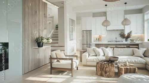 A bright and airy coastal-inspired living room featuring a large white sectional sofa, natural wood accents, and minimalist decor. 