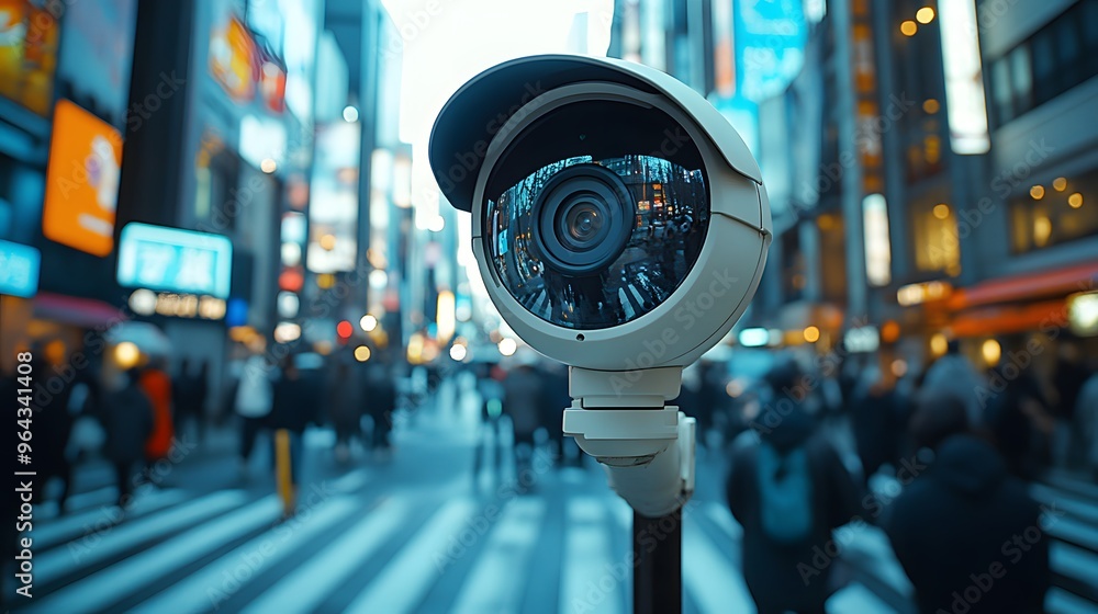 CCTV camera positioned at a busy intersection, recording pedestrian and vehicular traffic with real-time surveillance monitoring. CCTV camera positioned at a busy intersection, recording pedestrian and vehicular traffic with real-time surveillance monitoring.