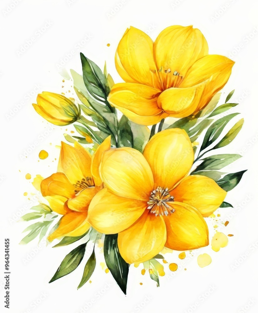 Fototapeta premium A vibrant bouquet of yellow flowers with green leaves, set against a white background.