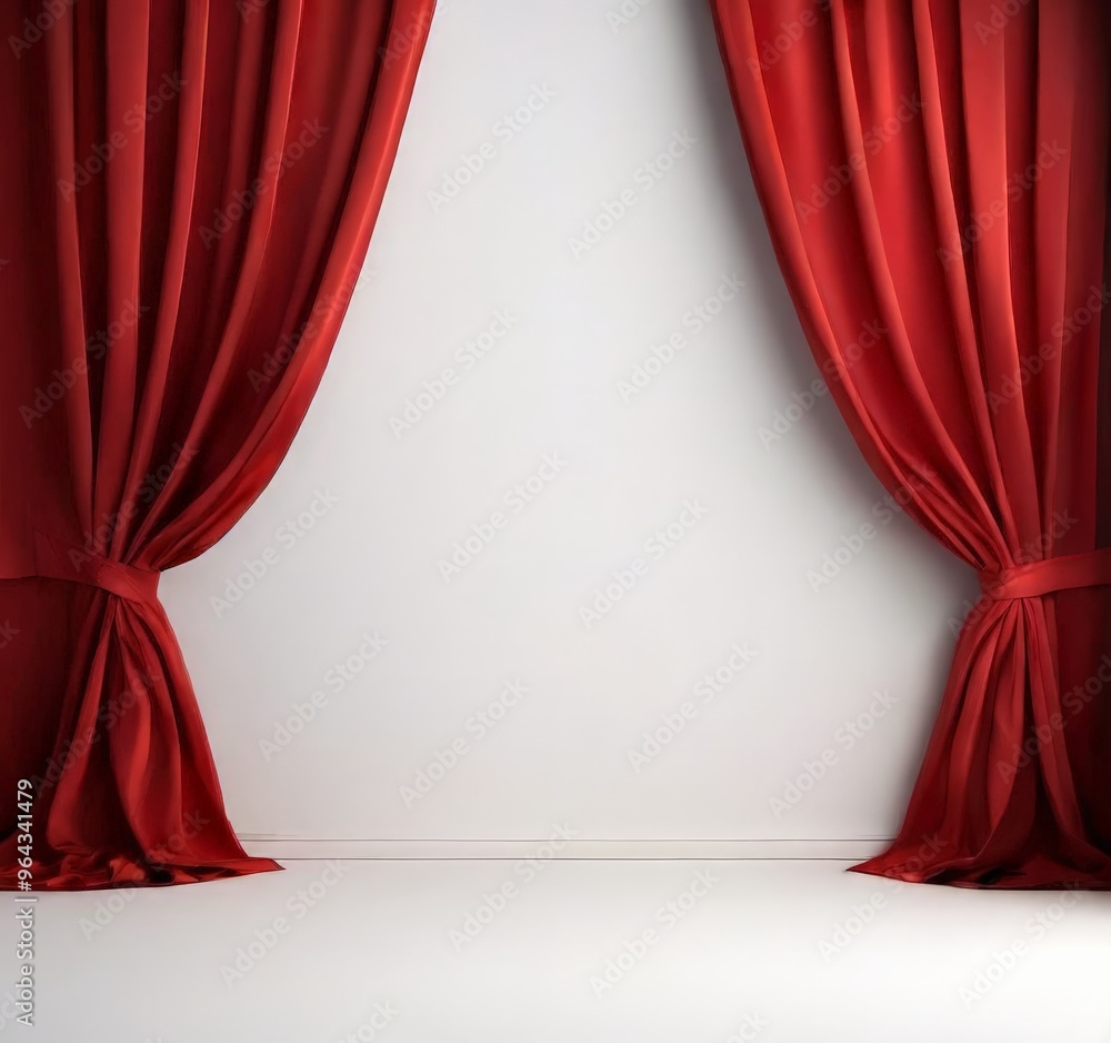 Fototapeta premium Red curtains open to a white wall, creating a dramatic stage-like setting.