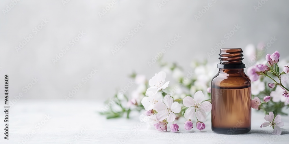 A serene composition of a brown essential oil bottle beside delicate flowers, perfect for wellness and beauty themes. A serene composition of a brown essential oil bottle beside delicate flowers, perfect for wellness and beauty themes.