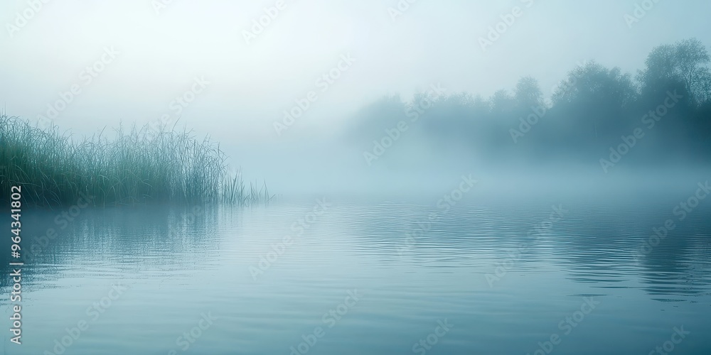A serene foggy morning over a calm lake, with soft reflections and lush greenery along the shore. A serene foggy morning over a calm lake, with soft reflections and lush greenery along the shore.