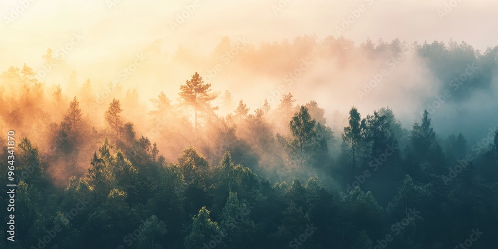 Fototapeta premium A serene forest landscape bathed in morning light and mist, highlighting the tranquility of nature and the beauty of trees.