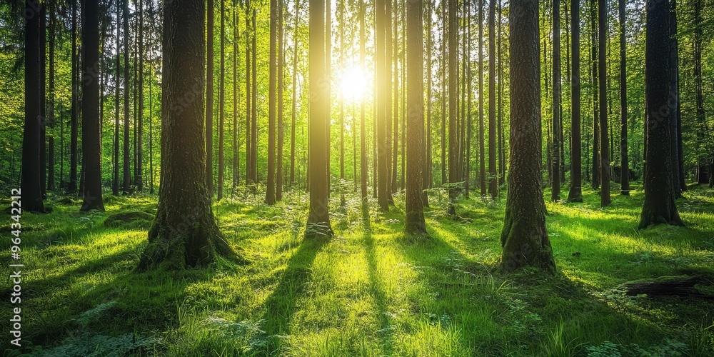 Fototapeta premium A serene forest scene with sunlight filtering through tall trees, illuminating vibrant green undergrowth and creating gentle shadows.
