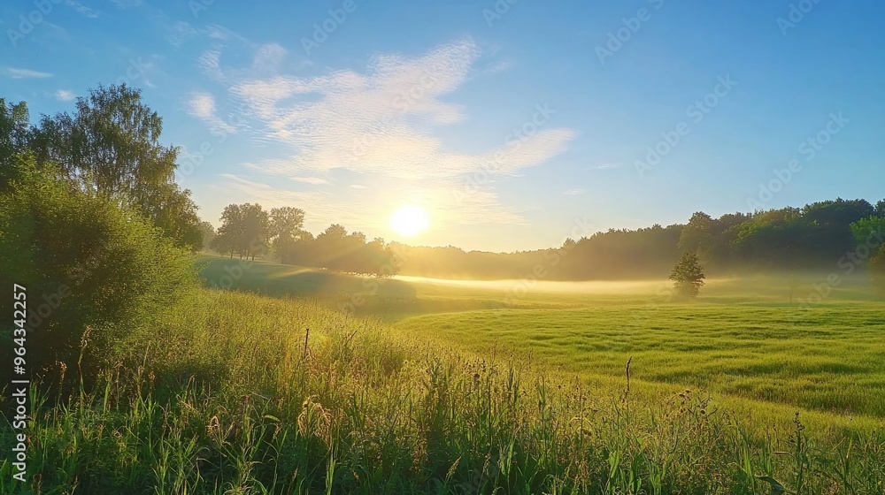 Scenic countryside with mist and sunrise Monday morning Scenic countryside with mist and sunrise Monday morning