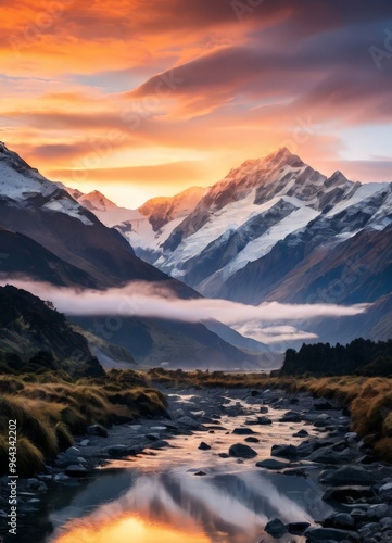 A breathtaking mountain landscape at sunset, with snow-capped peaks reflected in a calm river, surrounded by lush vegetation and dramatic clouds.