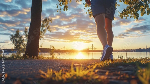 Runner tying shoelaces with sunrise in the background Monday morning photo