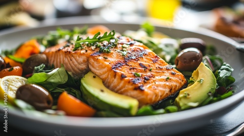 Grilled salmon salad with avocado, olives, and greens. Ideal for low-carb and carnivore diets.