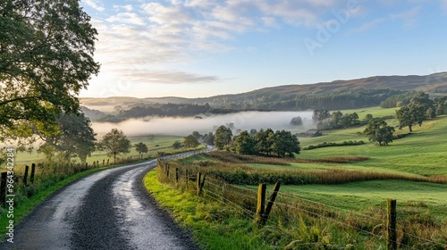 Scenic countryside with mist and sunrise Monday morning