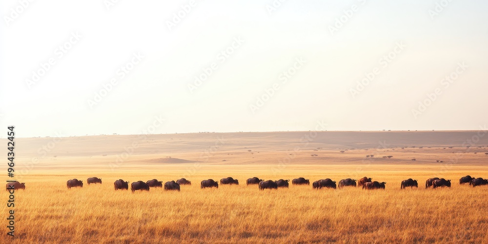 A serene landscape featuring a herd of buffalo grazing in a golden grassland under a clear sky. A serene landscape featuring a herd of buffalo grazing in a golden grassland under a clear sky.