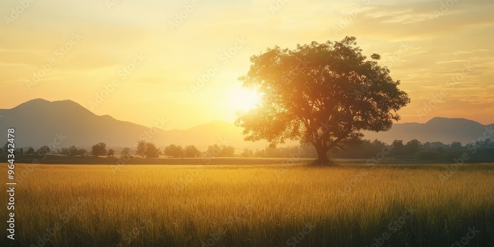 Fototapeta premium A serene landscape featuring a majestic tree at sunset, surrounded by golden fields and distant mountains creating a tranquil scene.