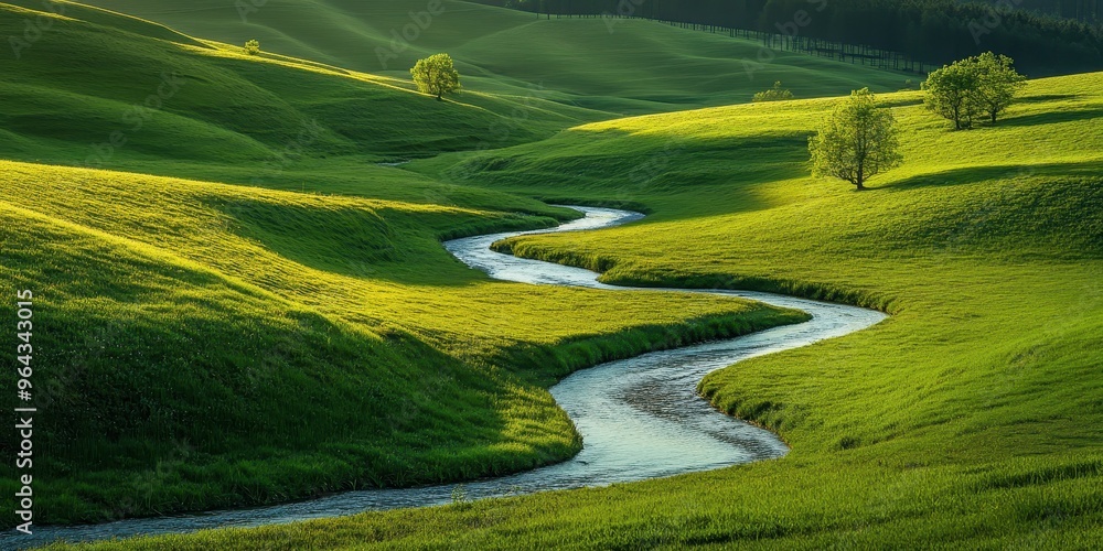 A serene landscape featuring rolling hills, a gentle river, and lush greenery, capturing the tranquility of nature. A serene landscape featuring rolling hills, a gentle river, and lush greenery, capturing the tranquility of nature.