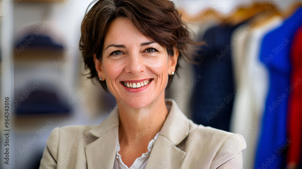 Elegant middle age saleswoman with short hair in a beige blazer, poses in a modern clothing store, ready to help shoppers find their perfect outfits. Small business concept. Elegant middle age saleswoman with short hair in a beige blazer, poses in a modern clothing store, ready to help shoppers find their perfect outfits. Small business concept.