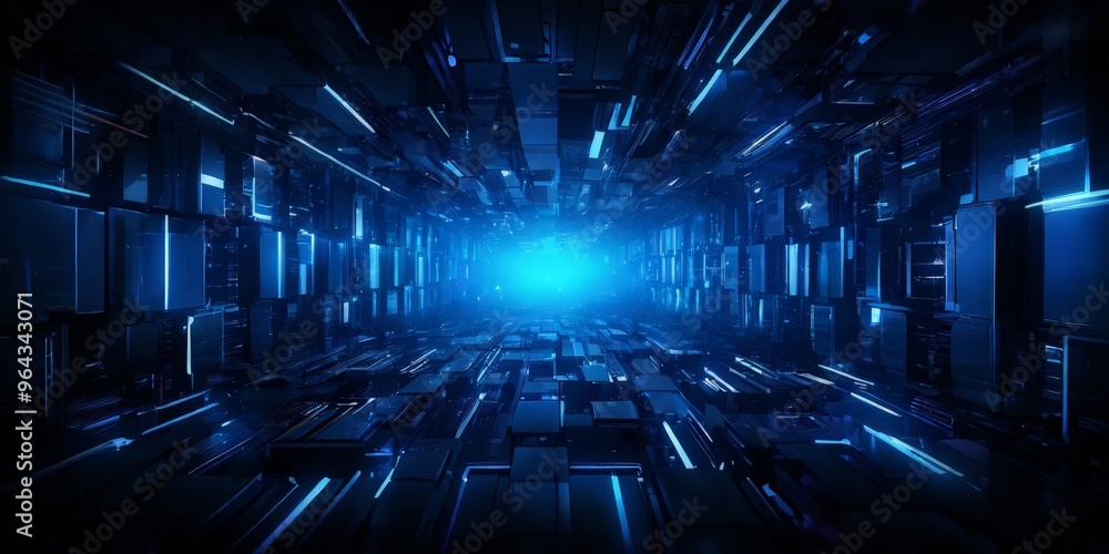 A futuristic, 3D-rendered corridor with a glowing blue light at the end, creating a sense of depth and mystery. A futuristic, 3D-rendered corridor with a glowing blue light at the end, creating a sense of depth and mystery.