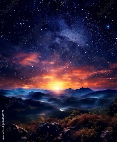 Wallpaper Mural A breathtaking night sky with a starry backdrop, a glowing orange sun, and a mountainous landscape in the distance, all set against a deep blue sky. Torontodigital.ca