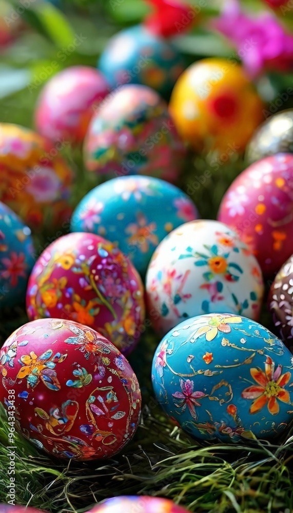 A vibrant collection of Easter eggs, each adorned with unique floral patterns, rests on a bed of lush green grass. The eggs are arranged in a casual yet harmonious manner, A vibrant collection of Easter eggs, each adorned with unique floral patterns, rests on a bed of lush green grass. The eggs are arranged in a casual yet harmonious manner,