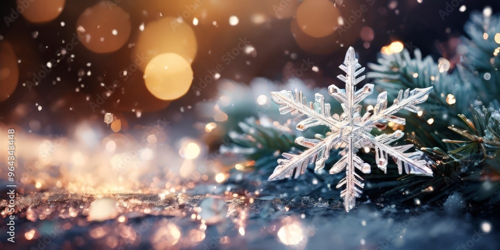 A close-up of a snowflake resting on a pine branch, with a blurred background of twinkling lights and bokeh effects. A close-up of a snowflake resting on a pine branch, with a blurred background of twinkling lights and bokeh effects.