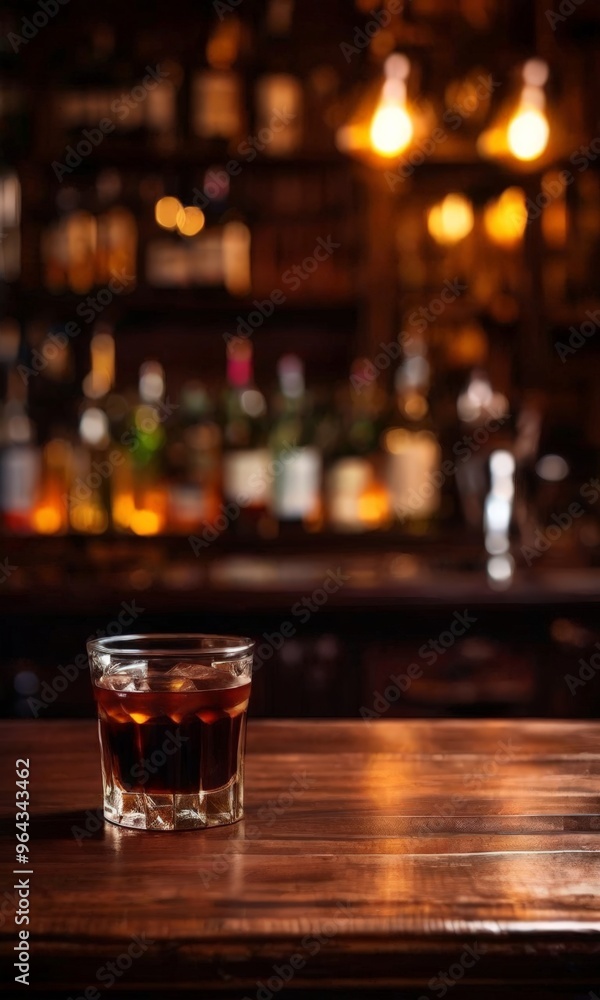 A glass of amber-colored liquid, possibly whiskey or bourbon, sits on a wooden bar counter, with a blurred background of various liquor bottles and a warm, dimly lit ambiance. A glass of amber-colored liquid, possibly whiskey or bourbon, sits on a wooden bar counter, with a blurred background of various liquor bottles and a warm, dimly lit ambiance.